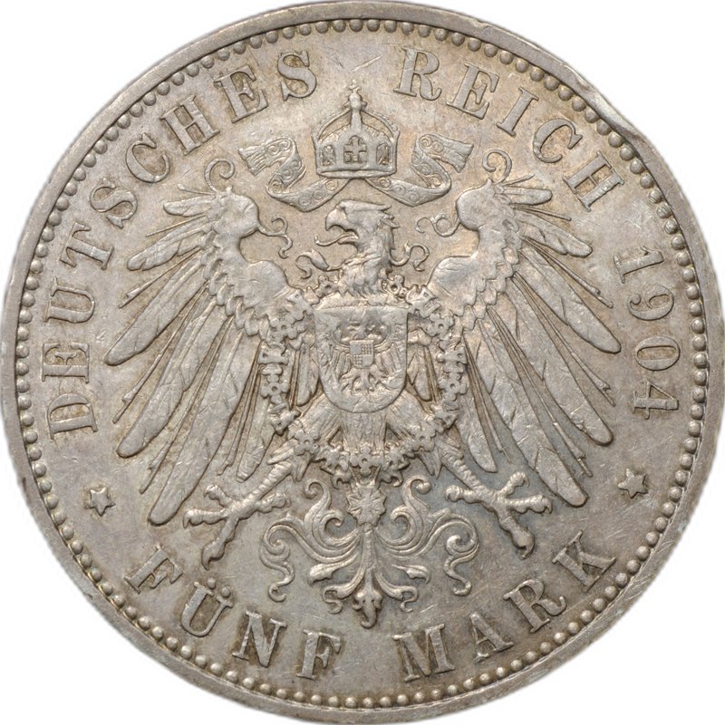 Монета 5 марок 1904 E Саксония Германия