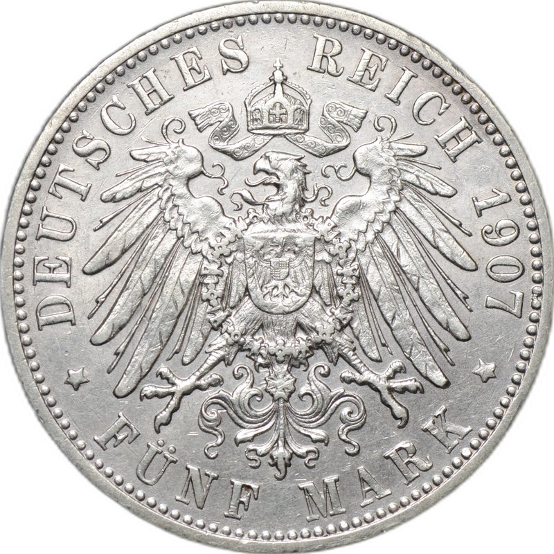 Монета 5 марок 1907 F Вюртемберг Германия