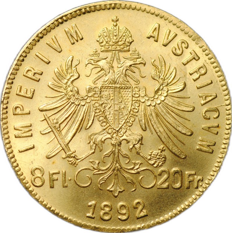 Монета 8 флоринов - 20 франков 1892 рестрайк Австро-Венгрия