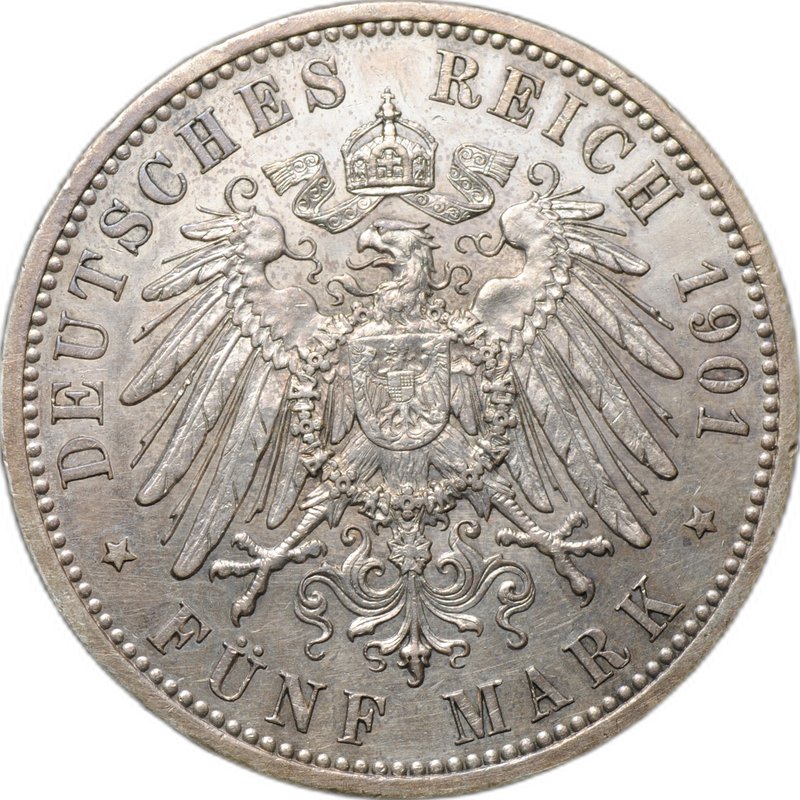 Монета 5 марок 1901 200 лет династии 1701 Германия Пруссия