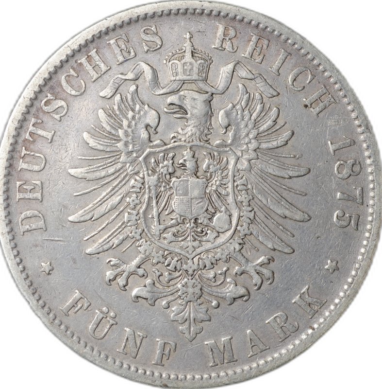 Монета 5 марок 1875 F Вюртемберг Германия