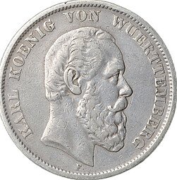 фото для Монета 5 марок 1875 F Вюртемберг Германия Аверс