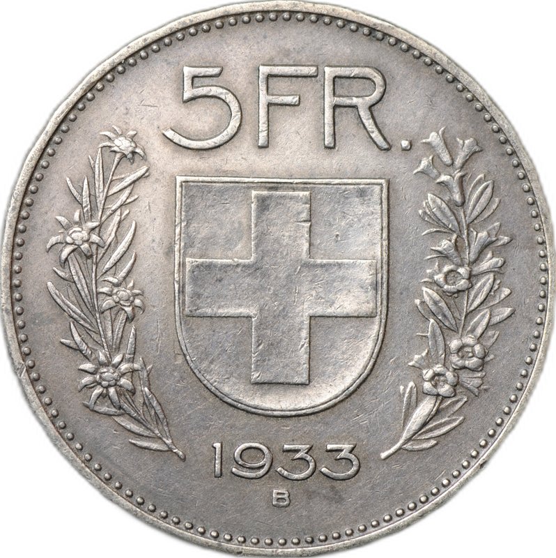 Монета 5 франков 1933 Швейцария