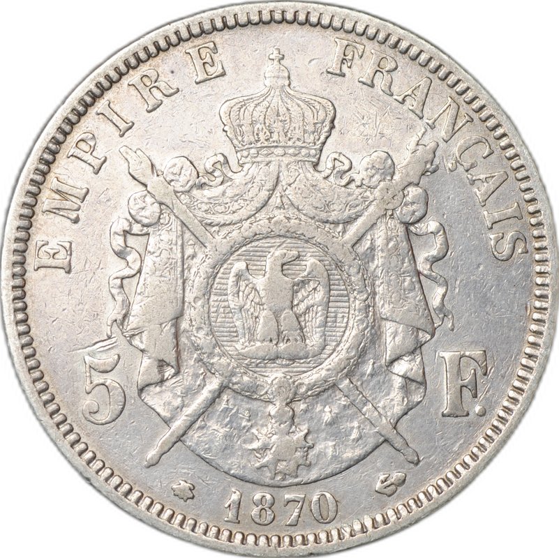 Монета 5 франков 1870 A Наполеон III Франция 