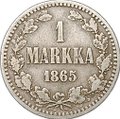 Монета 1 марка 1865 S Русская Финляндия
