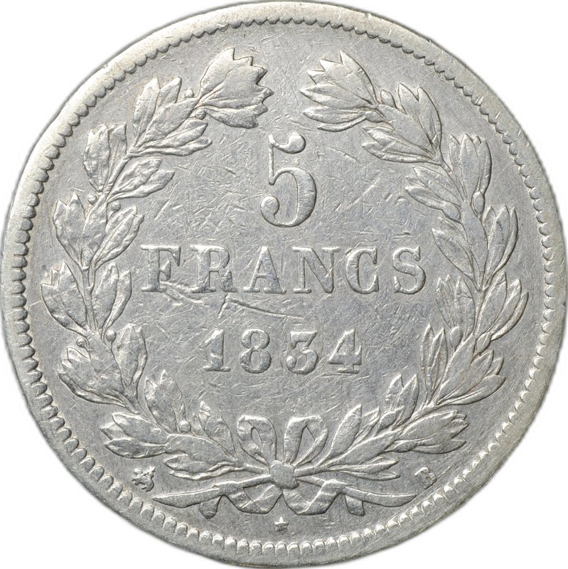 Монета 5 франков 1834 B Руан Франция