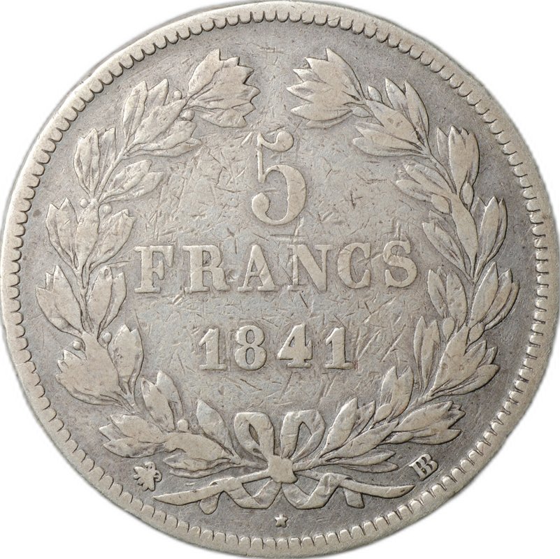 Монета 5 франков 1841 BB Страсбург Франция