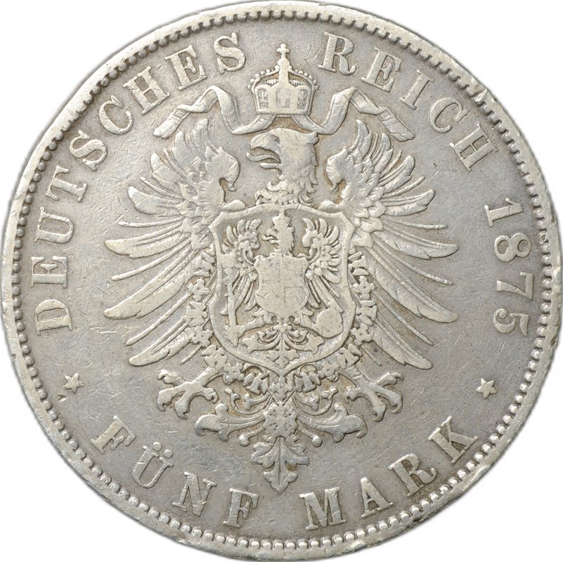 Монета 5 марок 1875 E Саксония Германия