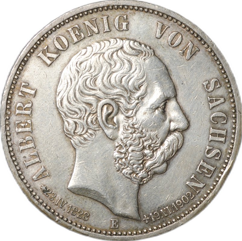 Монета 5 марок 1902 E Смерть Альберта Саксонского Саксония Германия