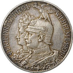 фото для Монета 2 марки 1901 200 лет династии Пруссия Германия Аверс