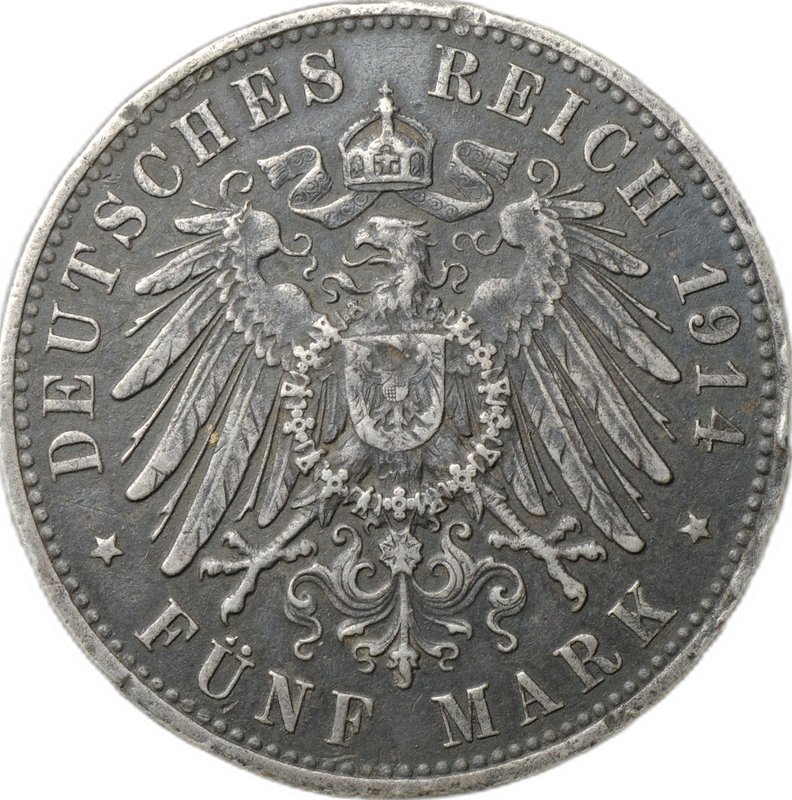 Монета 5 марок 1914 E Саксония Германия