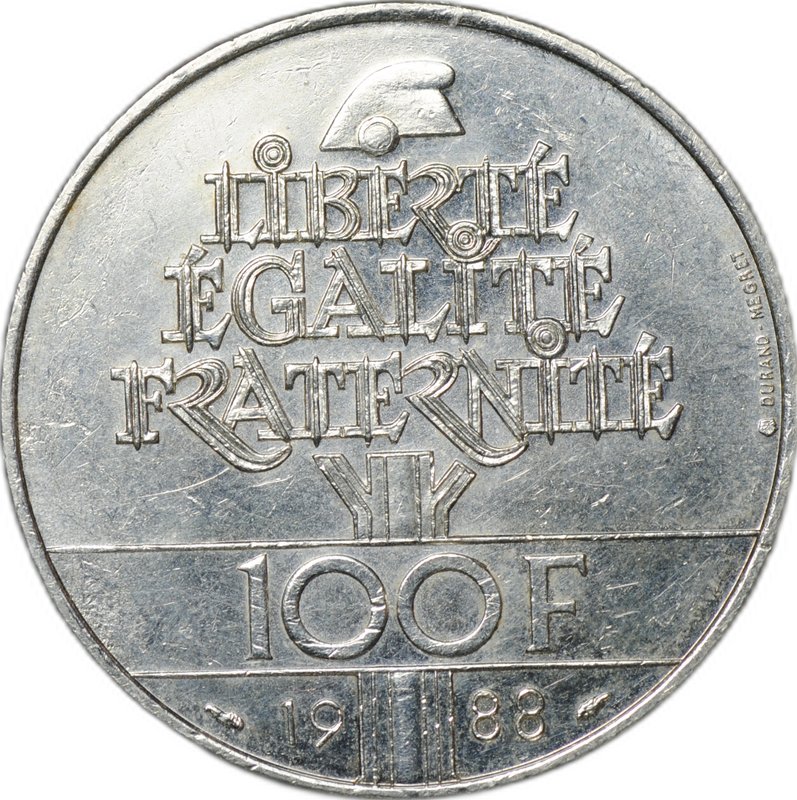 Монета 100 франков 1988 Братство Франция