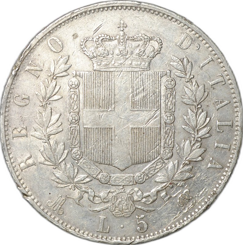 Монета 5 лир 1873 М Милан Италия
