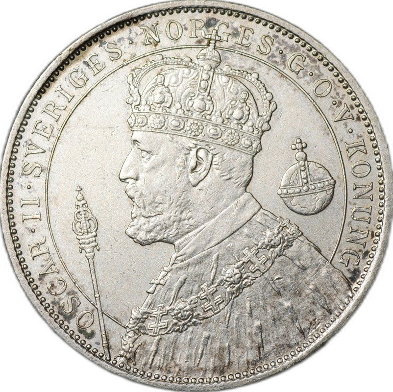 Монета 2 кроны 1897 25 лет правления Короля Оскара II Швеция