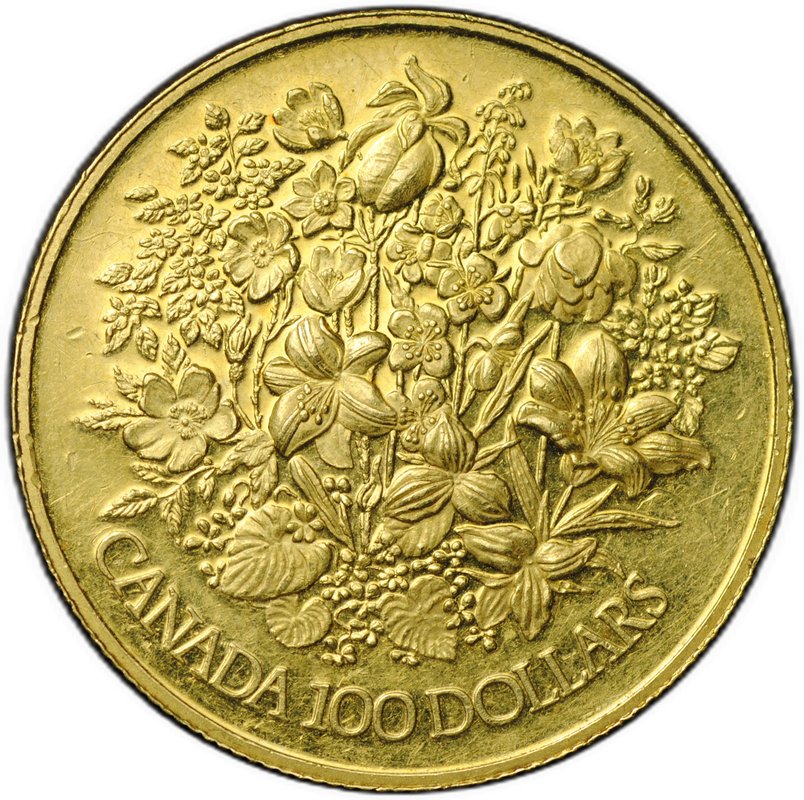 Монета 100 долларов 1977 25 лет коронации Елизаветы II Канада