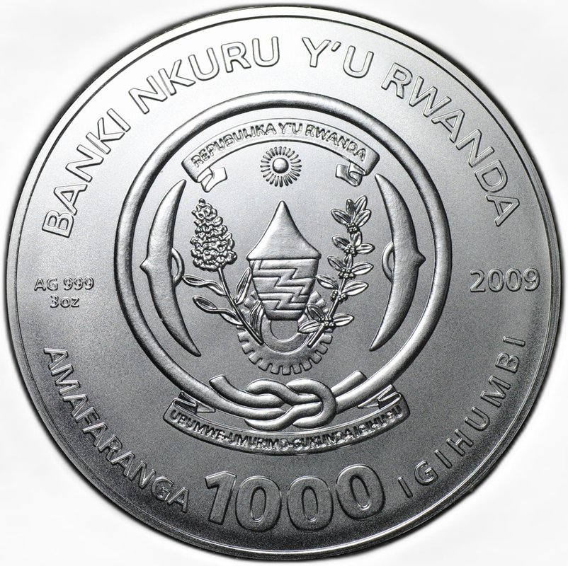 Монета 1000 франков 2009 Знаки зодиака - Водолей Руанда