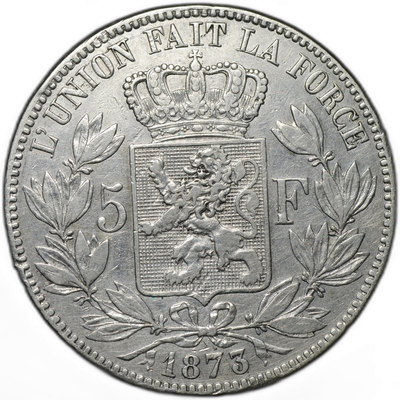 Монета 5 франков 1873 Бельгия