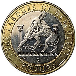 фото для Монета 2 фунта 1997 12 подвигов Геракла Немейский лев Гибралтар Аверс