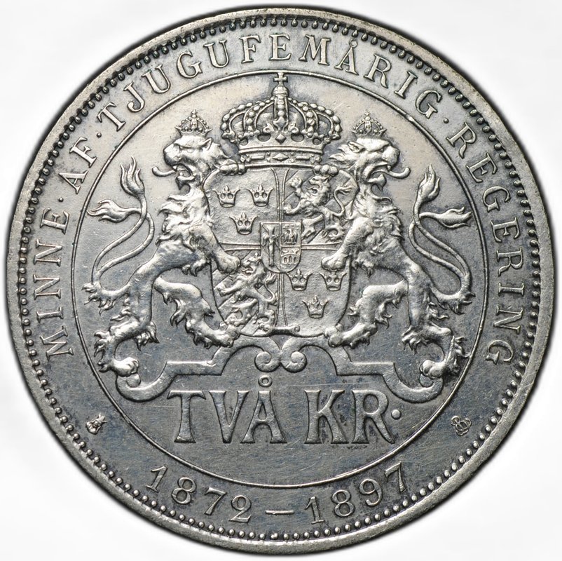 Монета 2 кроны 1897 25 лет правления Короля Оскара II Швеция