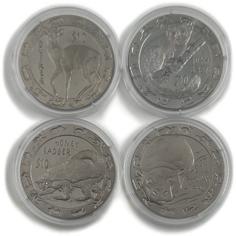 Набор 10 долларов 2008 Ночные животные Медоед, Бегемот, Дукер, Галаго Сьерра-Леоне 4 монеты