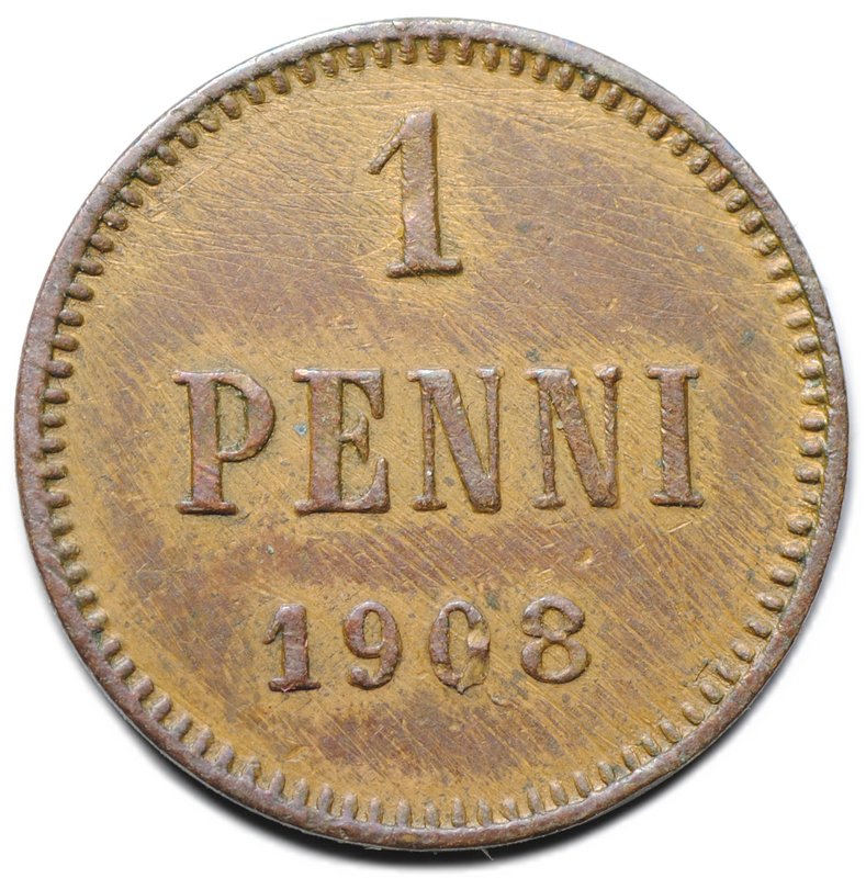 Монета 1 пенни 1908 Русская Финляндия