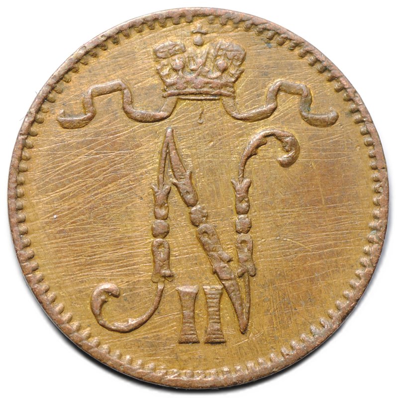 Монета 1 пенни 1908 Русская Финляндия