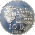 Монета 10 динеров 1989 Чемпионат мира по футболу 1990 - нарушение Андорра