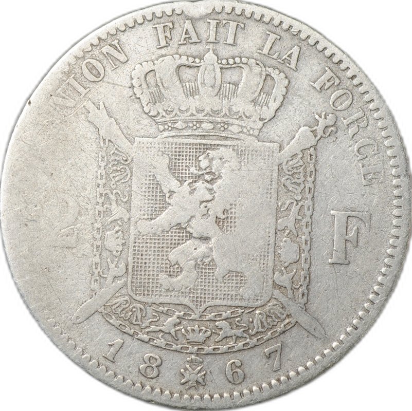 Монета 2 франка 1867 Крест на короне Бельгия
