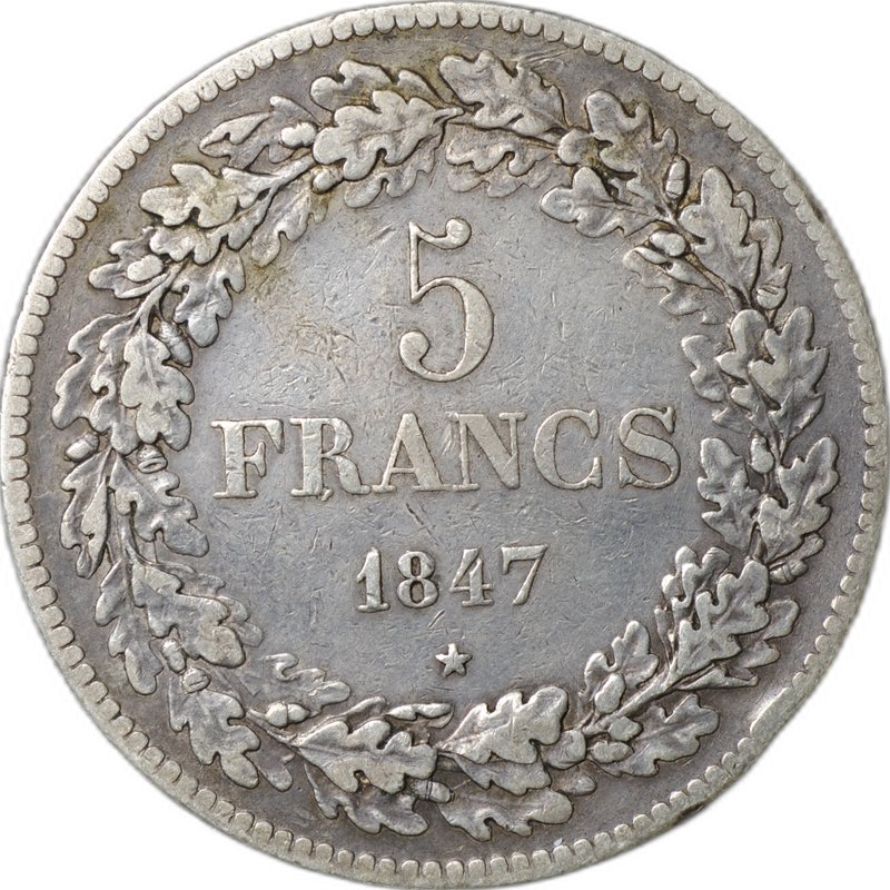 Монета 5 франков 1847 Бельгия
