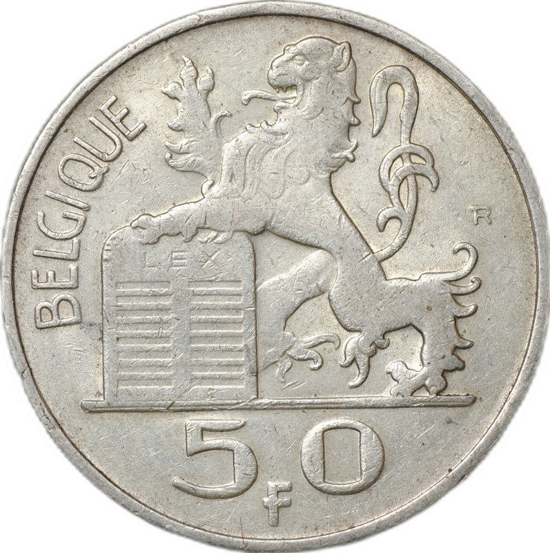 Монета 50 франков 1949 BELGIQUE Бельгия