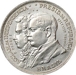 фото для Монета 2000 реалов (рейс) 1922 100 лет независимости Бразилии 500 проба Бразилия Аверс