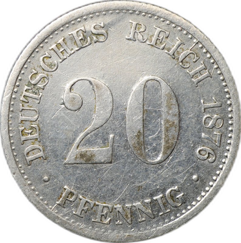 Монета 20 пфеннигов 1876 F - Штутгарт Германия
