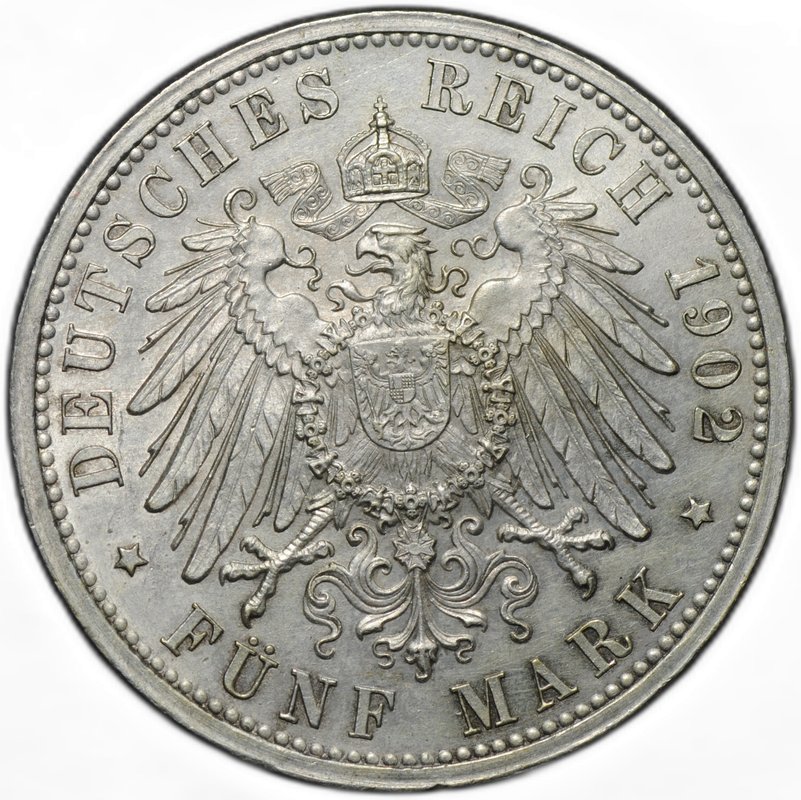 Монета 5 марок 1902 50 лет правлению Фридриха I Баден Германия