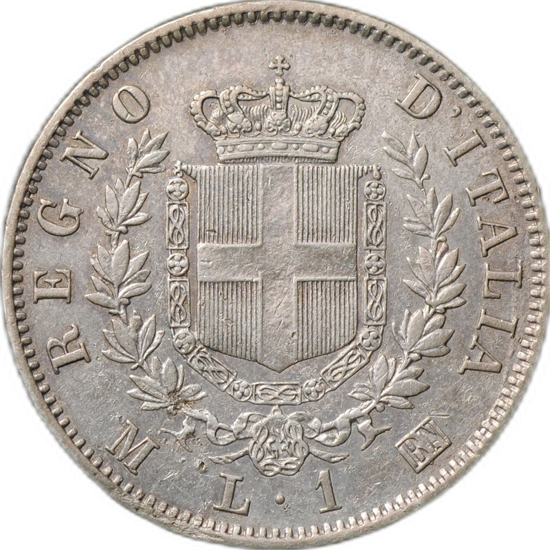 Монета 1 лира 1863 M - Милан, Щит на реверсе Италия