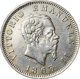 фото для Монета 1 лира 1863 M - Милан, Щит на реверсе Италия Аверс
