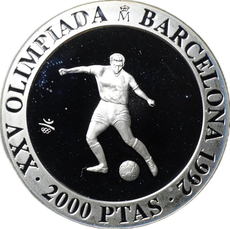 Монета 2000 песет 1990 Олимпиада Барселона 1992 - футбол Испания