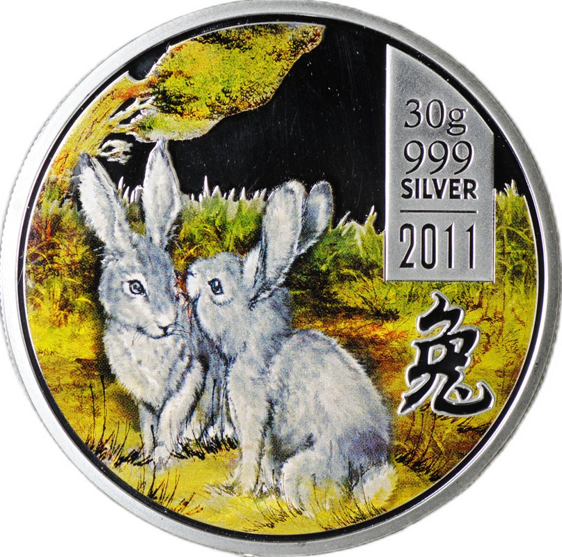 Монета 5 долларов 2011 Китайский гороскоп - год кролика Острова Кука