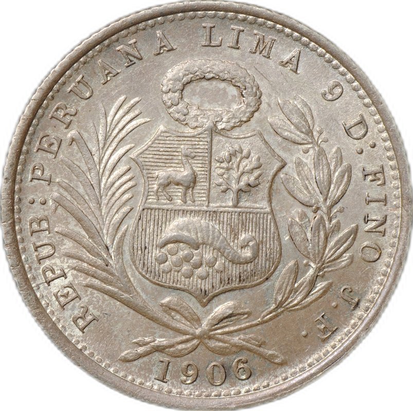 Монета 1/5 соль 1906 Перу