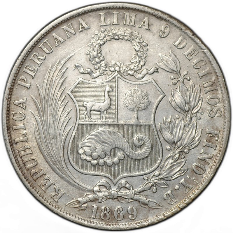 Монета 1 соль 1869 Перу