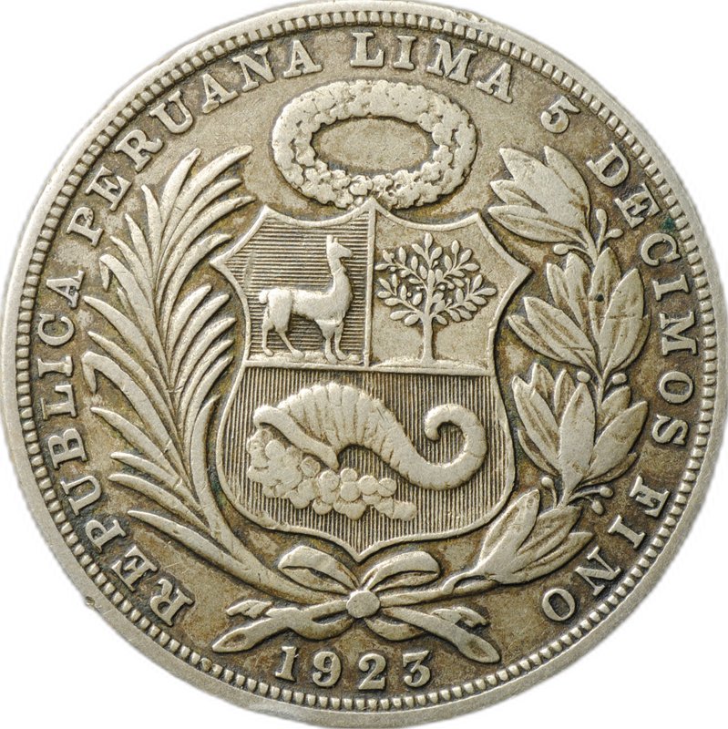 Монета 1 соль 1923 проба Перу