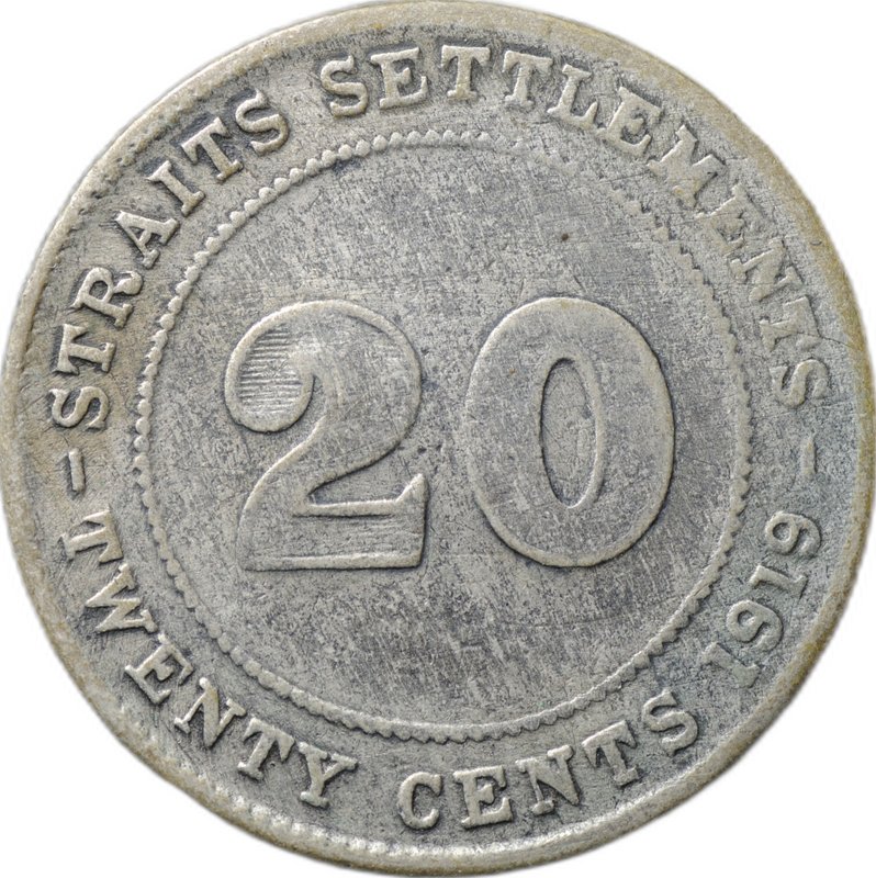 Монета 20 центов 1919 Стрейтс Сетлментс