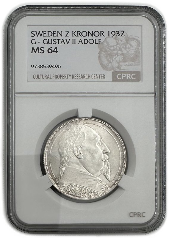 Монета 2 кроны 1932 300 лет со дня смерти Густава II Адольфа Швеция слаб CPRC MS 64