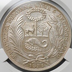 фото для Монета 1 соль 1934 Перу слаб CPRC AU 58 Аверс