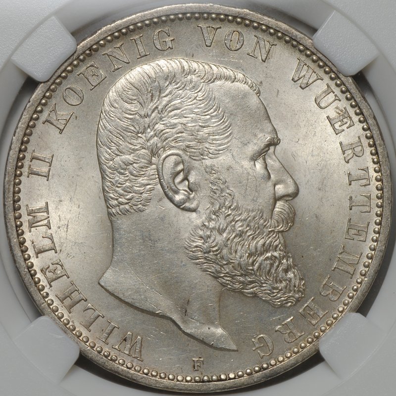 Монета 5 марок 1908 F Вюртемберг Германия слаб ННР MS 63
