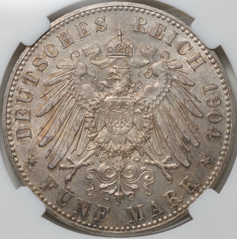 Монета 5 марок 1904 Шаумбург-Липпе Германия слаб ННР MS 64