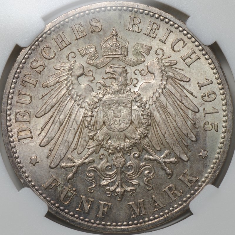 Монета 5 марок 1915 Свадьба Эрнста Августа Брауншвейг Германия слаб ННР MS 65