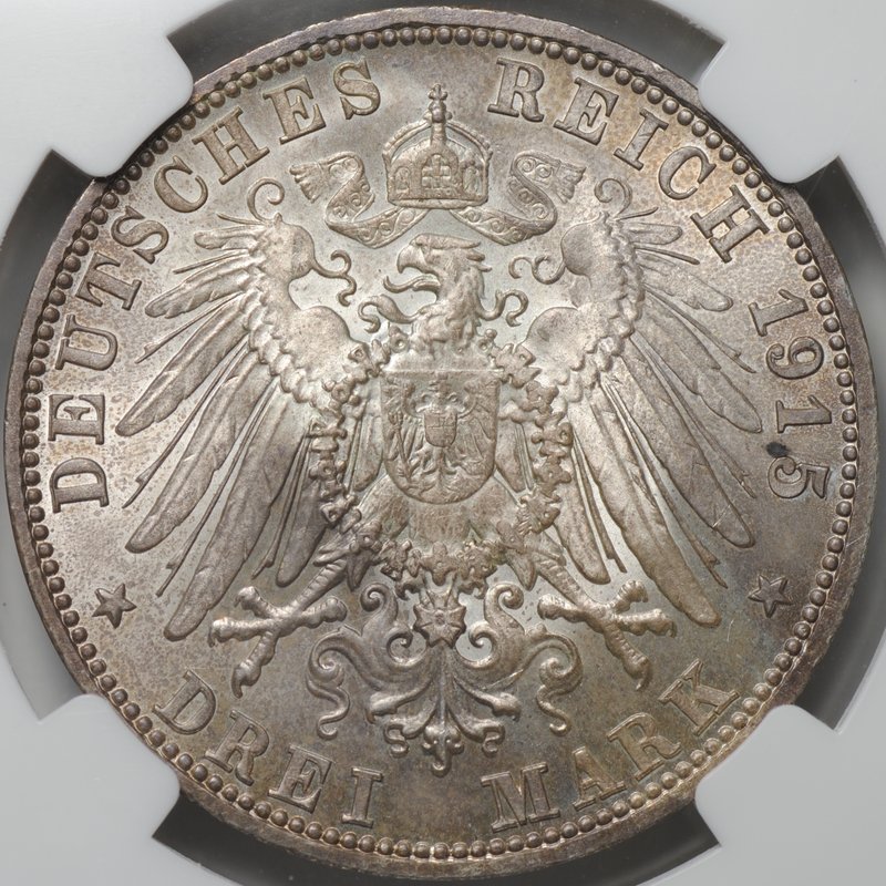 Монета 3 марки 1915 Смерть Георга II Саксен-Мейнинген Германия слаб ННР MS 65