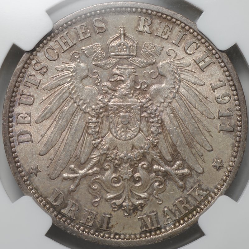 Монета 3 марки 1911 Шаумбург-Липпе Германия слаб ННР MS 63