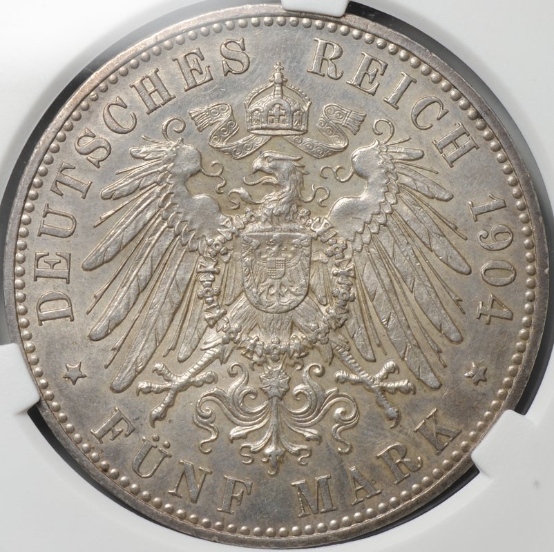 Монета 5 марок 1904 Свадьба Герцога Фридриха Франца IV Мекленбург-Шверин Германия слаб CPRC AU 58