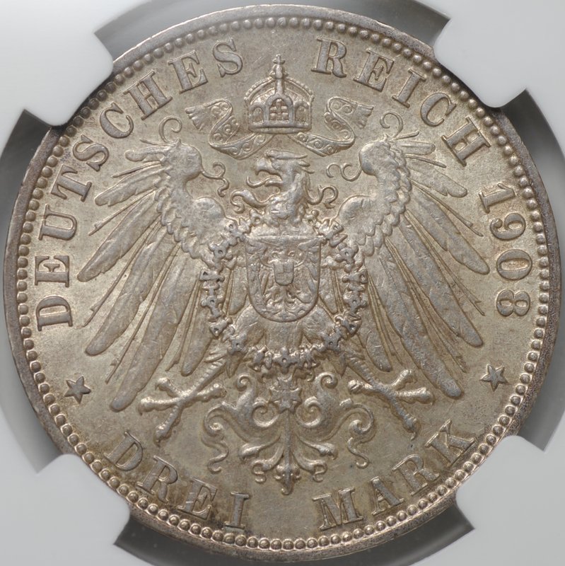 Монета 3 марки 1908 Любек Германия слаб ННР AU 58